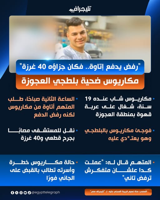 بالصور الشاب مكاريوس المكافح رفض دفع الإتاوة فمزقه بلطجي بسلاح أبيض 2 الشاب مكاريوس ضحية بلطجي العجوزة