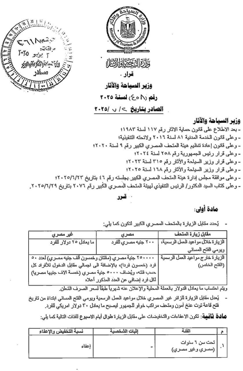 الزيارة الخاصة بربع مليون وزارة السياحة تعلن أسعار دخول المتحف المصري الكبير والفئات المعفاة 2 المتحف المصري الكبير