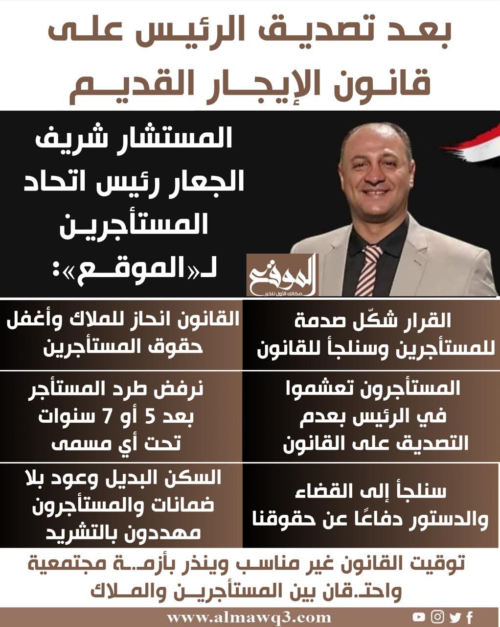 شريف الجعار عن مستأجرو الإيجار القديم بعد تصديق الرئيس على القانون سنطالب بإصدار حكم بعدم دستورية القانون بشكل كامل 3 رئيس اتحاد مستأجري نظام الإيجار القديم شريف الجعار