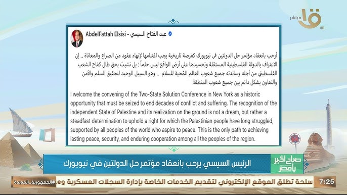 فرصة تاريخية تعليق الرئيس السيسي بشان مؤتمر حل الدولتين في نيويورك 2 الرئيس السيسي بشان مؤتمر حل الدولتين