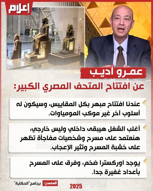 عرض ضخم ومفاجآت متعددة الإعلامي عمرو أديب يعلن تفاصيل افتتاح المتحف المصري الكبير 4 الإعلامي عمرو أديب