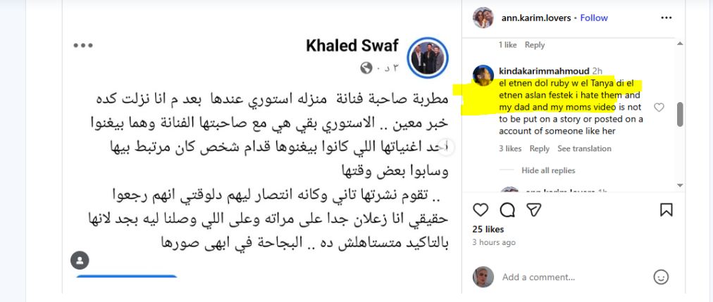 بكرهها هجوم ابنة كريم محمود عبدالعزيز على دينا الشربيني بسبب علاقتها بوالدها 2 إبنة كريم محمود عبد العزيز