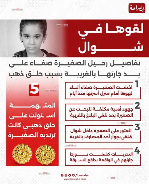 لقوها في شوال تفاصيل انهاء حياة الطفلة صفاء على يد جارتها وسرقة الحلق الذهبي أبشع جـريمة هزت الغربية 2 انهاء حياة الطفلة صفاء على يد جارتها
