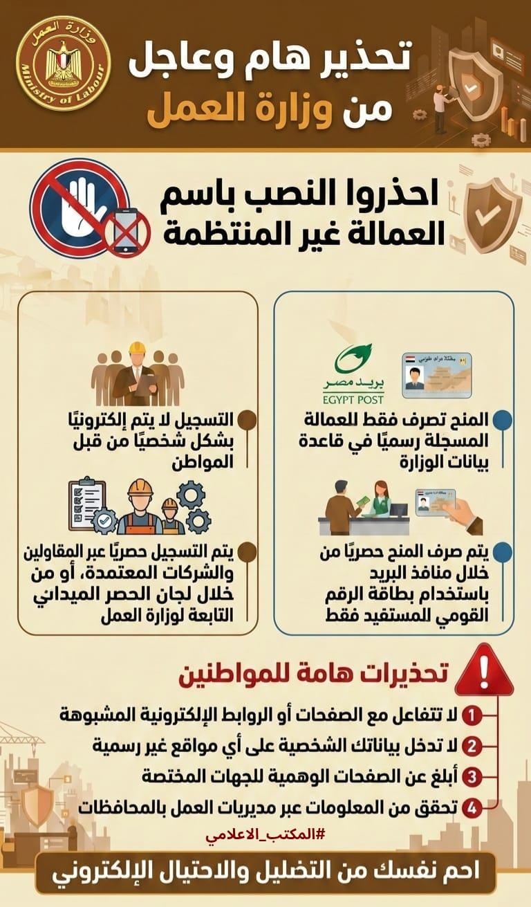 وزارة العمل تحذر من انتشار محاولات الاحتيال باسم منح العمالة غير المنتظمة 2 وزارة العمل تحذر