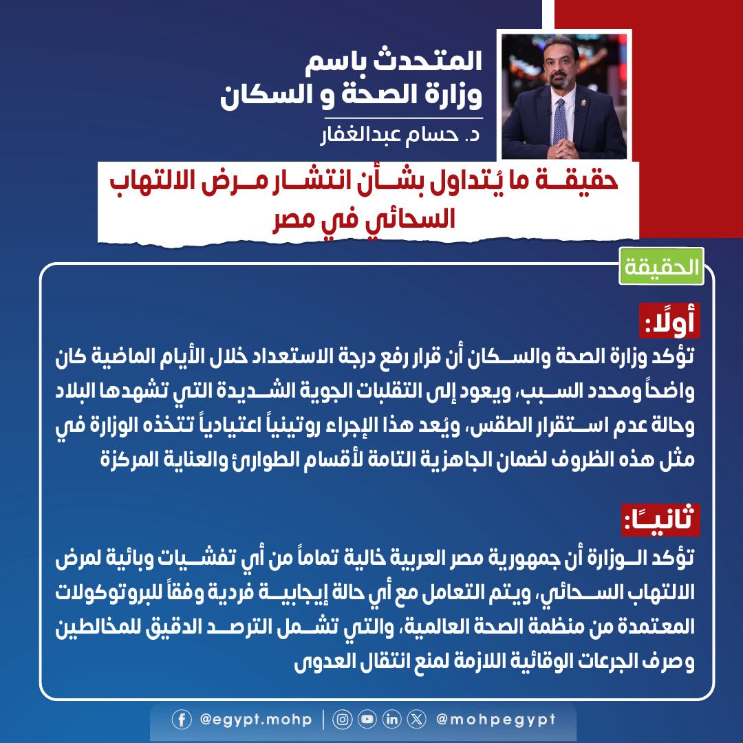 وزارة الصحة تكشف حقيقة انتشار مرض الالتهاب السحائي في مصر 3 حقيقة انتشار مرض الالتهاب السحائي في مصر