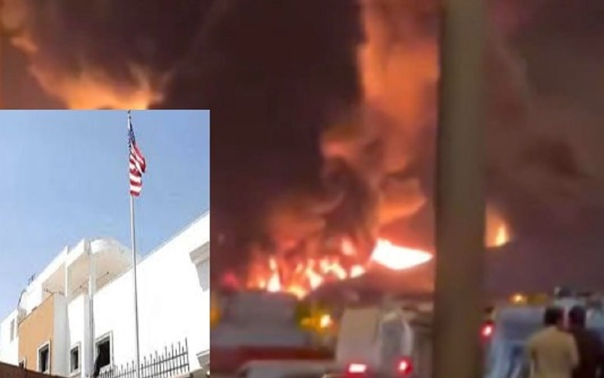 شاهد اللحظات الأولى لاستهداف السفارة الأمريكية بالرياض واندلاع حريق 3 اللحظات الأولى لاستهداف السفارة الأمريكية بالرياض