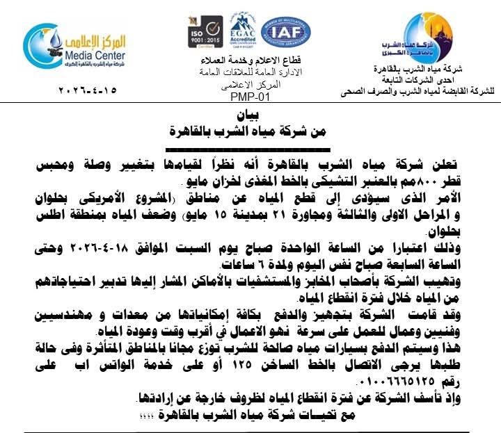 اعمل حسابك وخزن انقطاع المياه 6 ساعات عن حلوان و15 مايو اعرف المناطق والمواعيد 2 انقطاع المياه
