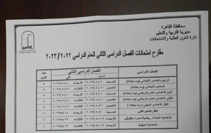 اعتماد جدول امتحانات الفصل الدراسي الثاني .. القاهرة 5 جدول امتحانات الفصل الدراسي الثاني