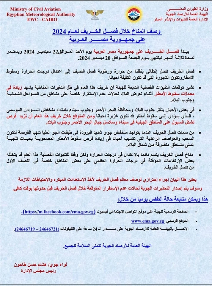 هيئة الأرصاد توضح التقلبات الجوية المحتملة في فصل الخريف 4 بيان هيئة الأرصاد
