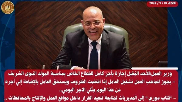 وزير العمل يزف خبر سار لموظفى القطاع الخاص بمناسبة المولد 2 وزير العمل يزف خبر سار لموظفى القطاع الخاص