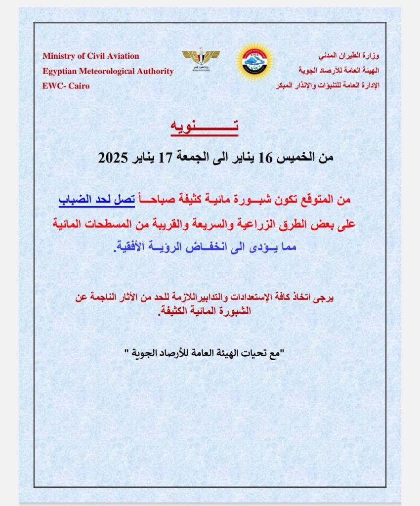 تنويه عاجل من الأرصاد الجوية يخص حالة الطقس والشبورة لمدة 6 أيام من اليوم الى الثلاثاء 3 بيان الأرصاد الجوية