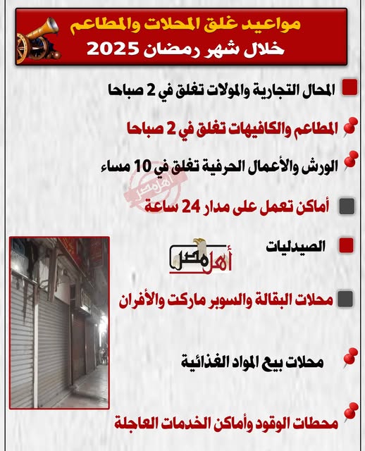 موعد إغلاق المحلات والمطاعم خلال رمضان 2025 وهذه الفئات مستثناة اعرف موعد بدء تنفيذ القرار 3 موعد إغلاق المحلات والمطاعم