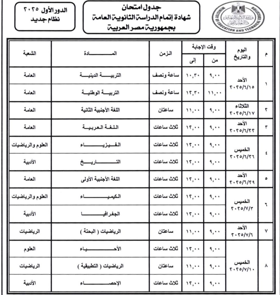 للنظامين الجديد و القديم ننشر جدول امتحانات الثانوية العامة 2025 2 جدول امتحانات الثانوية العامة