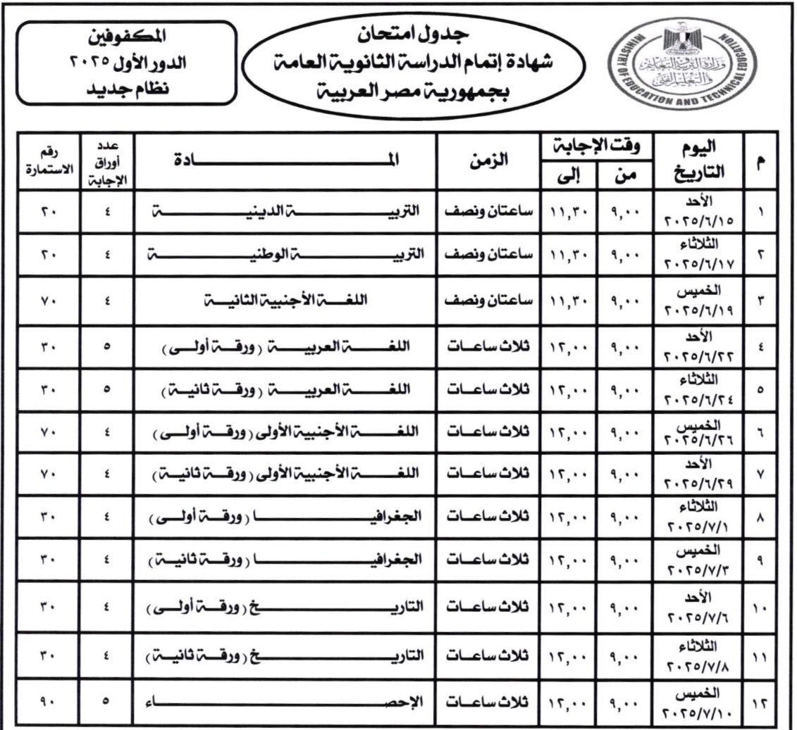 للنظامين الجديد و القديم ننشر جدول امتحانات الثانوية العامة 2025 4 جدول امتحانات الثانوية العامة