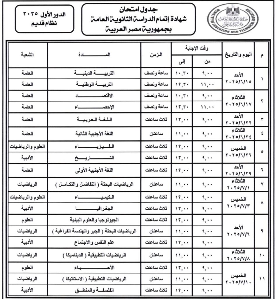 للنظامين الجديد و القديم ننشر جدول امتحانات الثانوية العامة 2025 5 جدول امتحانات الثانوية العامة