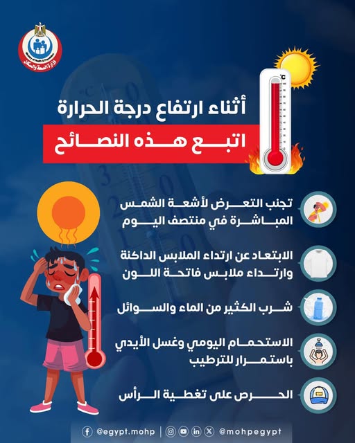 نداء عاجل من وزارة الصحة للمواطنين بشان ارتفاع غير مسبوق لدرجات الحرارة 3 نصائح وزارة الصحة