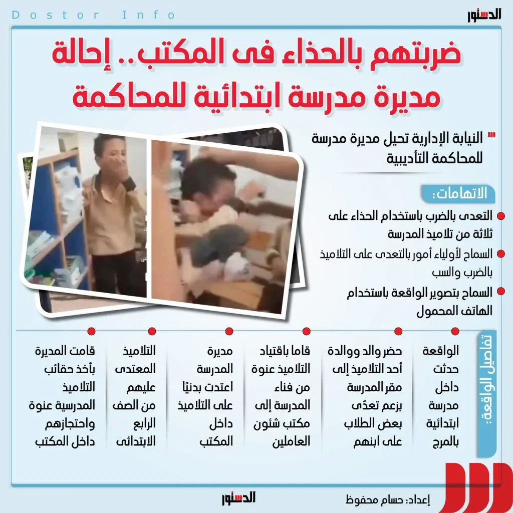 تفاصيل محاكمة مديرة مدرسة ابتدائي بمنطقة المرج بتهمة التعدي على تلاميذ ضربتهم بالجزمة 2 محاكمة مديرة مدرسة ابتدائي