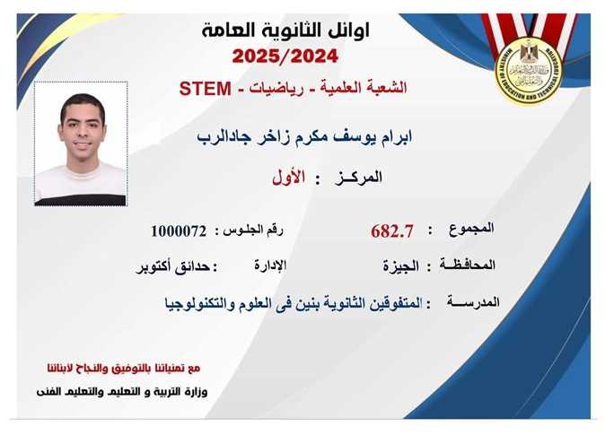 إبرام يوسف الأول على الجمهورية في علمي رياضيات ومحافظ الجيزة يوجه له رسالة رفعت راسنا 1 إبرام يوسف